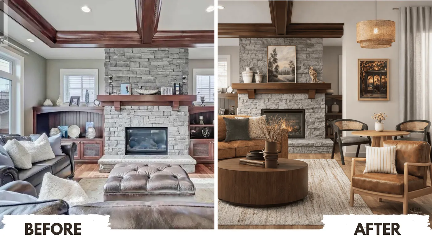 Rustic Living Room Redesign before and after